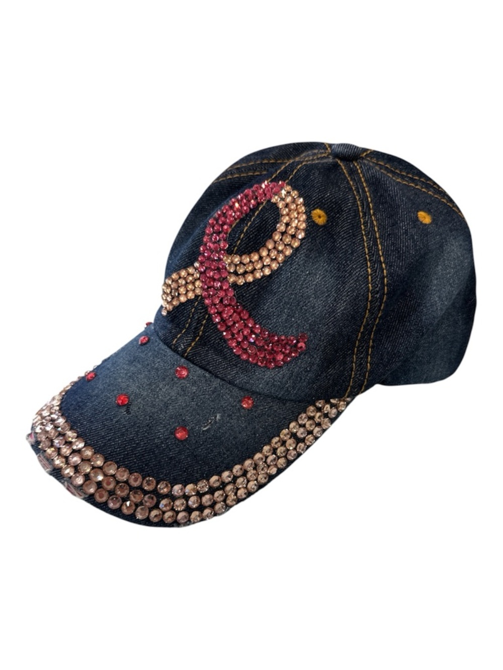 Embellished Denim Baseball Cap with Pink  cancer ribbon Crystal Accent